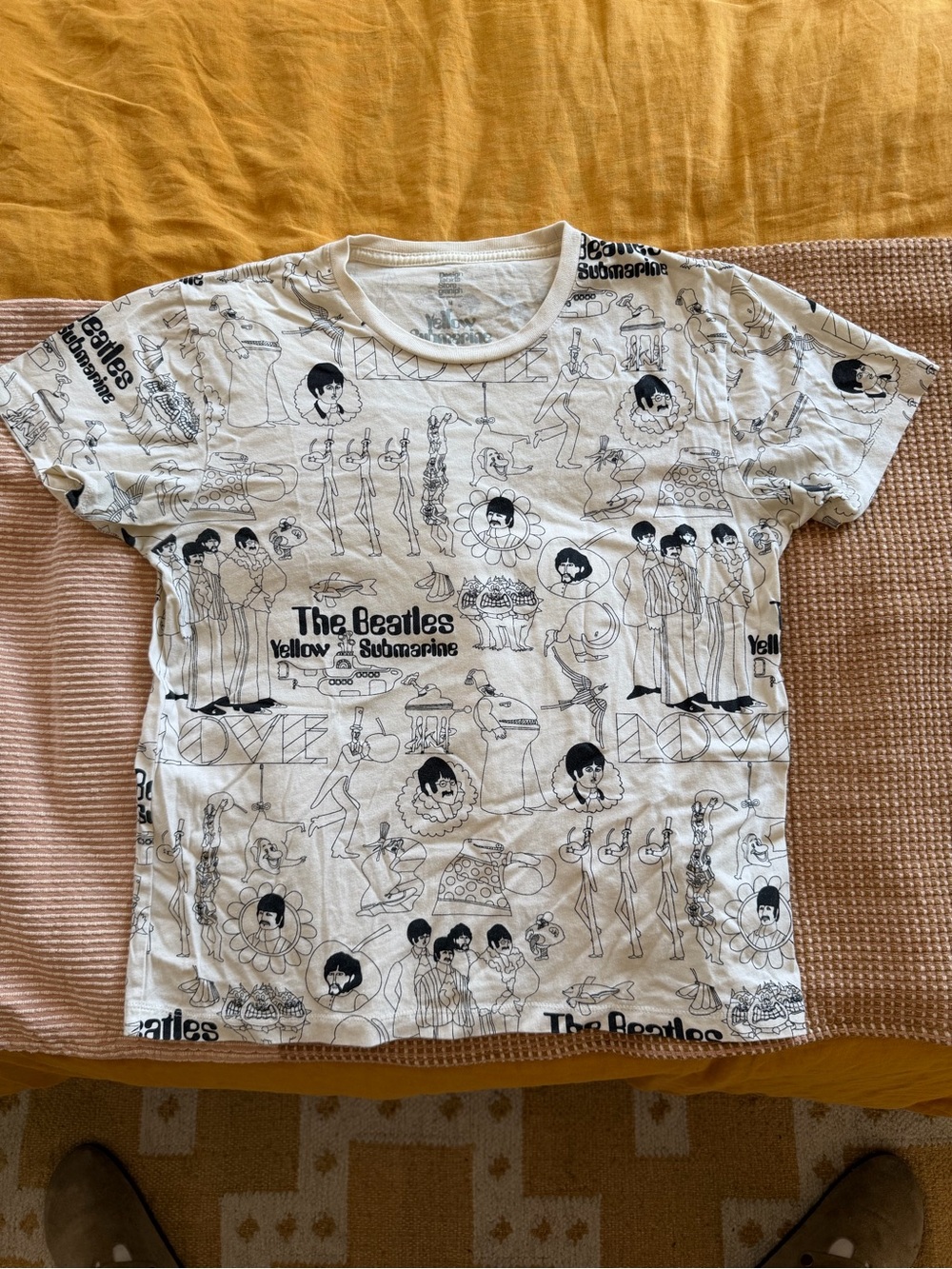 The Beatles White Short Sleeve Tee with Black Graphic Allover Print